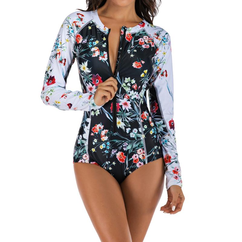 

Women Fashion Zipper Tropical Plants Floral Print Long sleeve Diving Surfing Conjoined Suit Set maillot de bain femme Monokini
