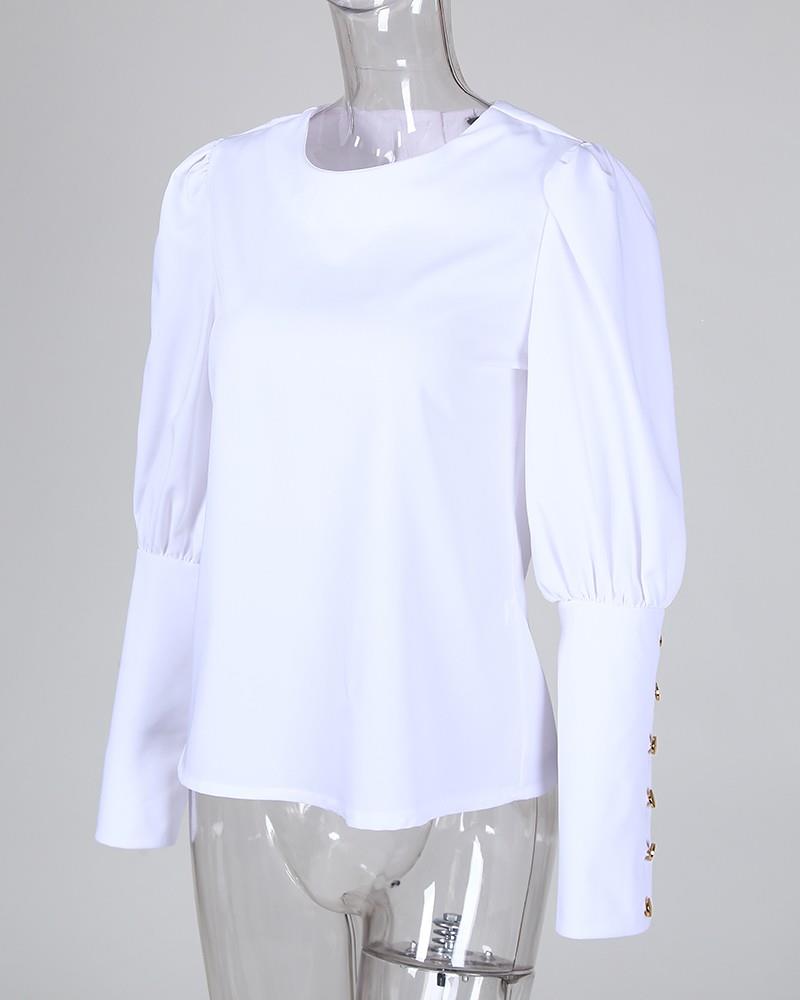 

Women Autumn Elegant O-Neck Blouse Metal Buttoned Lantern Sleeve Solid Shirt Office Casual Lady Top, Black