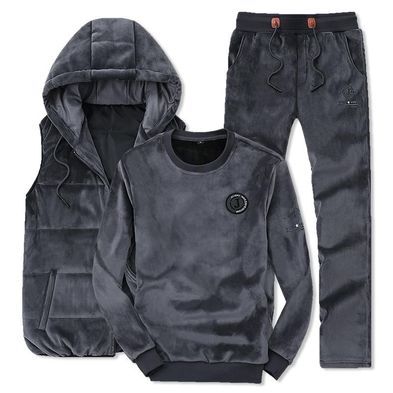 

2018 Winter Fashion Men Sporting Suit Hoodie Vest+Pants +Sweatshirt Gold Velvet 3 Piece Set Tracksuit For Men Clothes, Black