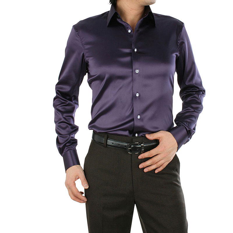 

mens shirt long-sleeved satin silk pure color dark purple, Pink