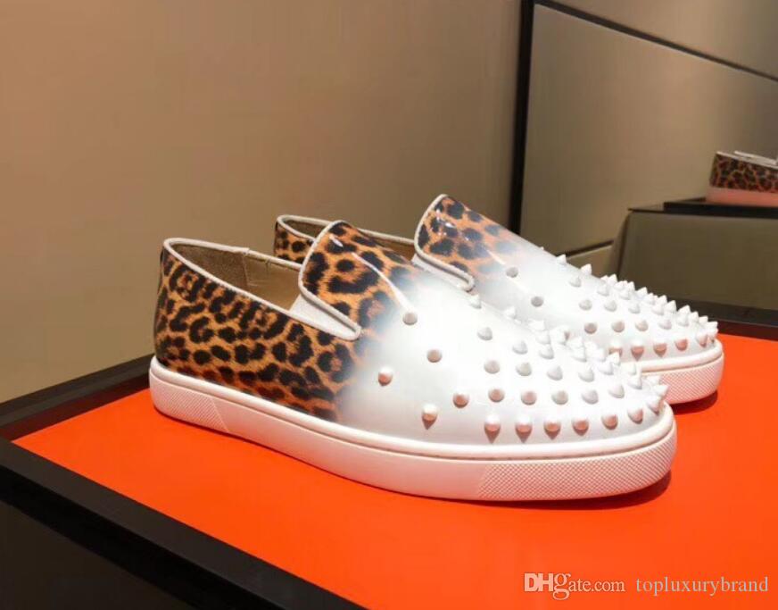 

Brand Red Bottom Men Sneakers White Patent leather Gradient Leopard print Roller-Boat Men's Flat sneaker shoes Slip-on Studs Pik Boat Shoes