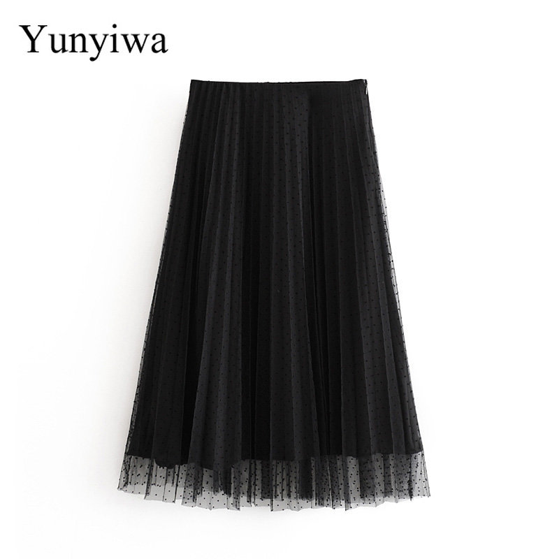 

2019 Women Fashion Dot Pattern Pleated Mesh Midi Skirt Ladies Side Zipper Vestidos Elegant Casual Chic Skirt, As picture