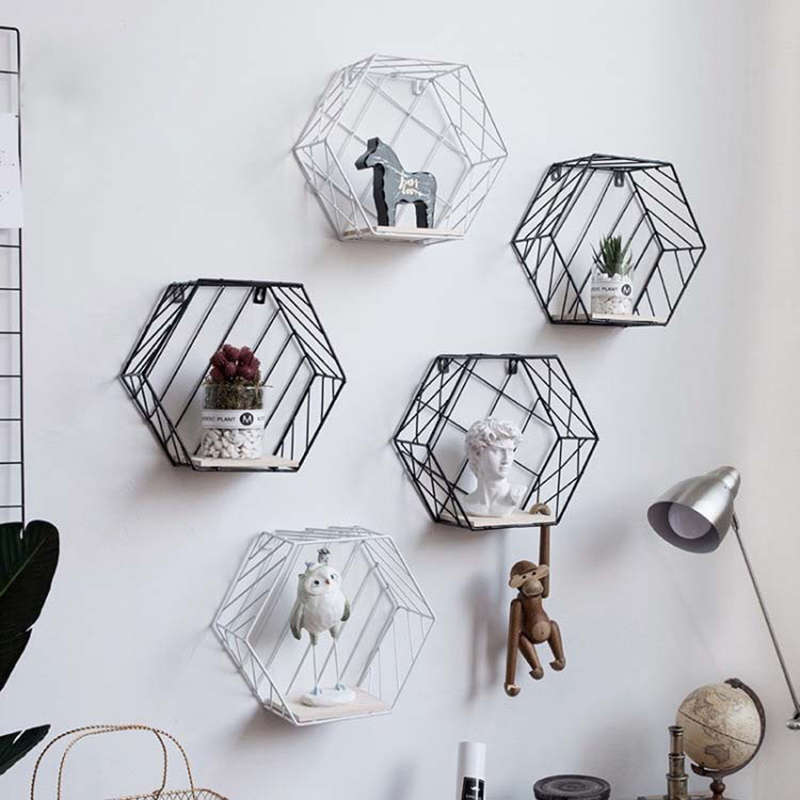 

Nordic Modern Iron Hexagonal Grid Wall Shelf Combination Wall Hanging Figure Wall Decor Storage Rack For Livingroom Bedroom