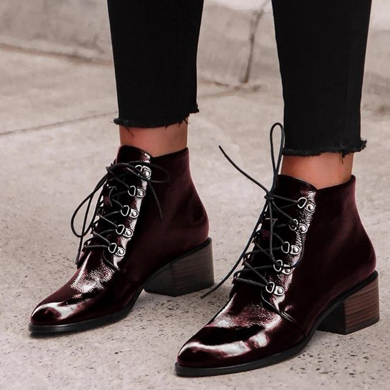 

Women Patent Leather Fashion Boots Solid Lace-Up Elegant Woman Square Heels Spring Autumn Pointed Toe Plus Size Ladies Shoes, Green