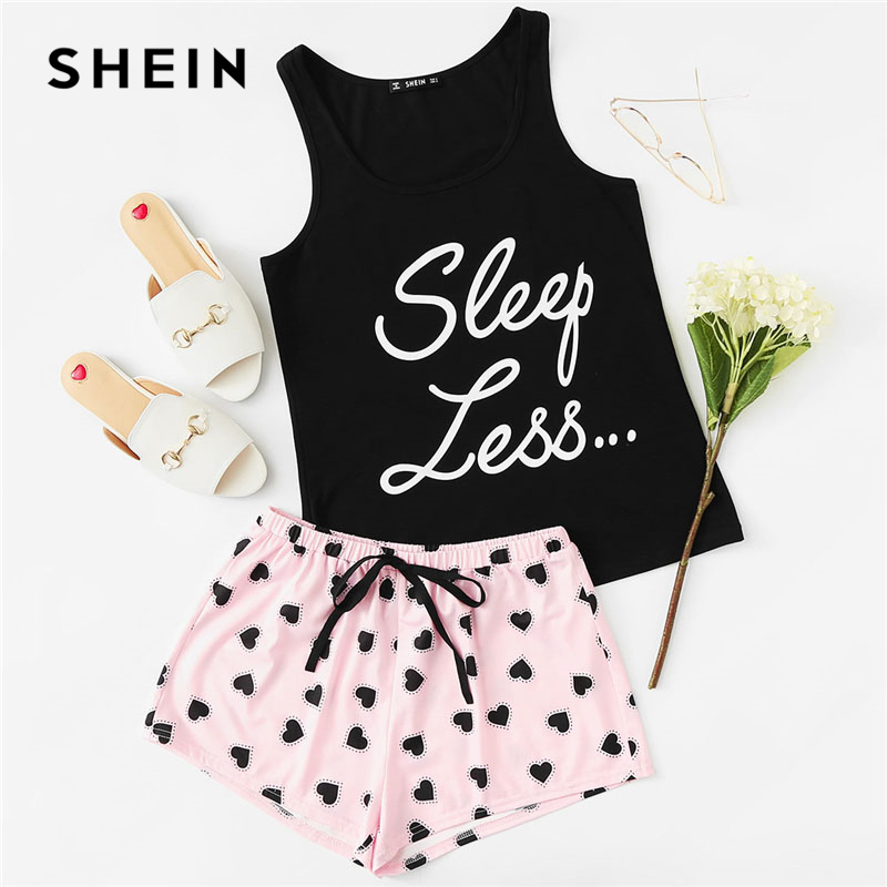 

SHEIN Letter Print Top & Drawstring Waist Shorts Pajama Set Women Sleeveless Drawstring Preppy Nightwear 2018 Casual Sleepwear S1015 V191216, Multi-color