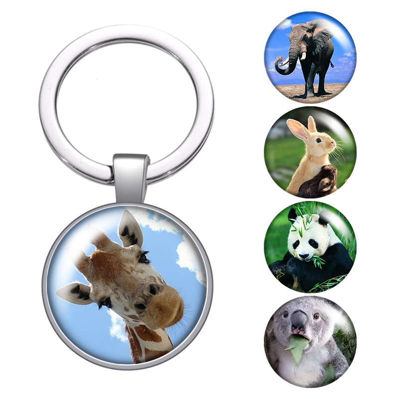 

Animals Giraffe Panda Rabbit Glass Cabochon Keychain Bag Car Key Chain Ring Holder Charms Silver Keychains For Men Women Gifts