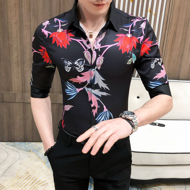 

Fashion Print Night Club Social Shirts Mens 3XL-M 2020 Summer Slim Fit Half Sleeve Tuxedo Shirt Men Top Quality Men Shirt, Black