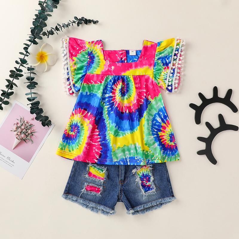 

Multicolor Tie Dye Kids Baby Girls Outfits Set Tassel Short Sleeve T Shirt Holes Denim Shorts Set Children Girl Summer Clothes, Multi