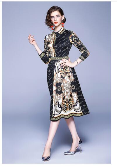 

Temperament Lapel Fashion Print Long Sleeve Slim Long Dress, As the picture