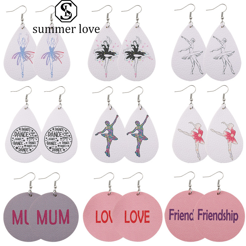 

2020 New Unique Designer PU Leather Dangle Earrings for Women Girl Mum Love Friendship Dance Printing Earrings Round Waterdrop Jewelry Gift