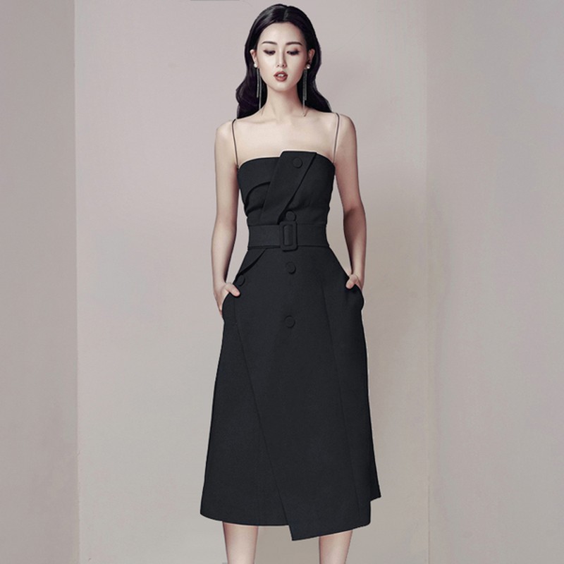 

Spaghetti straps Single-Breasted Summer Irregular Dress 2020 Fashion Women Sleeveless Party Dress Chic Female Slim Midi, Picture color
