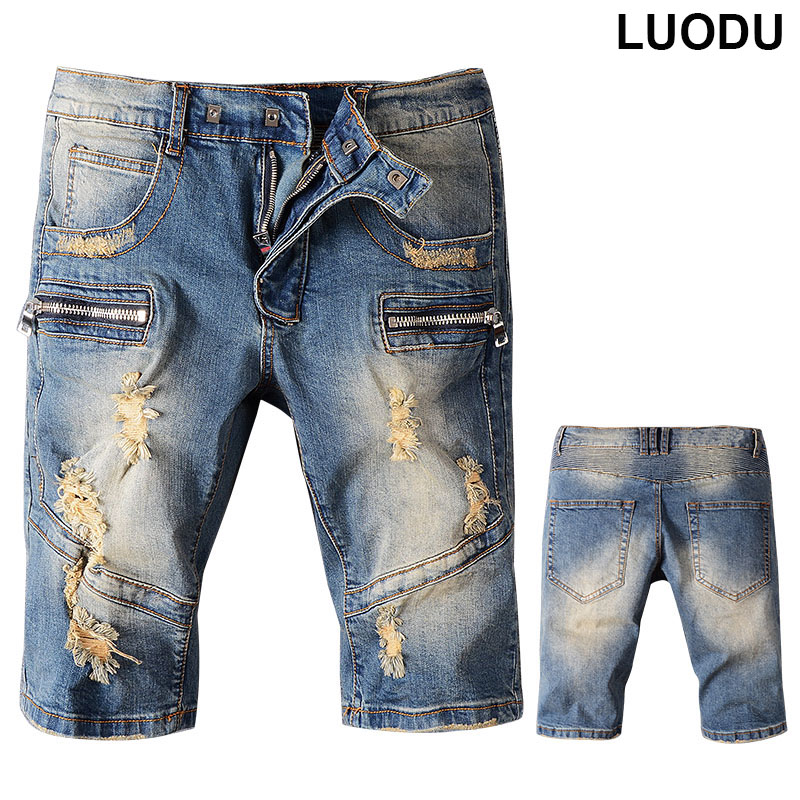 

New France Style #1628 Men's Embellished Ripped Biker Distressed Slim Denim Blue Short Jean Size -40, As pic