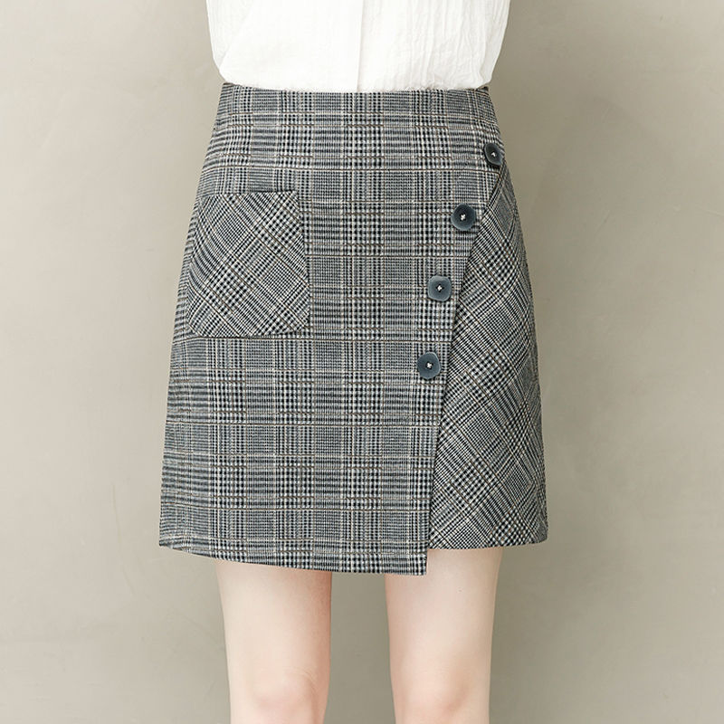

Classic Plaid Short Skirts Office Lady High Waist Half Skirt Elegant A-line Women Spring Summer Mini Skirt Irregular Buttons, Grey