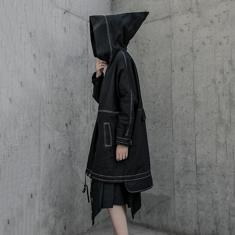 

Women Black Big Size Ling Split Trench New Hooded Long Sleeve Loose Fit Windbreaker Fashion Autumn Winter 2019