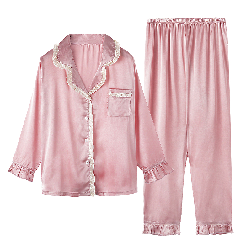 

Missyou Women Silk Pajamas Set Ruffle Lapel Pijamas Autumn Cute Long Sleeve Sleepwear Mujer Tops+Pants 2 PCS Pyjamas Homewear, Beige