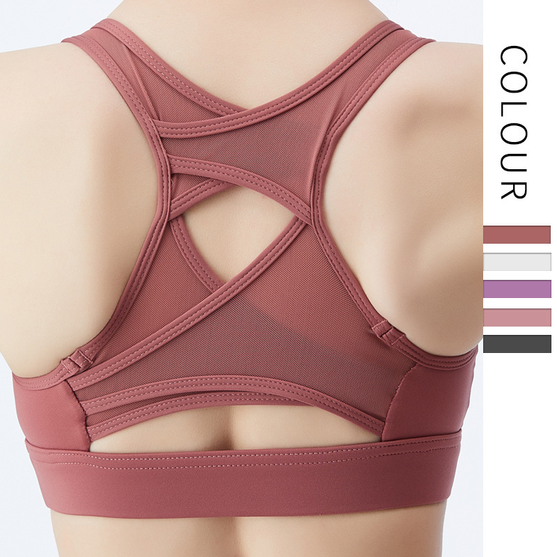 

COLORVALUE Cross-back Yoga Bra Splicing Mesh Workout Bra Gathered Shook Proof Removeable Padded Sports Push Up Sport Top, Black