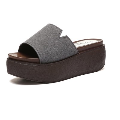 

Summer thick bottom wedge heel lady's leather slippers bottom word slippers 2020 new women's shoes, Black