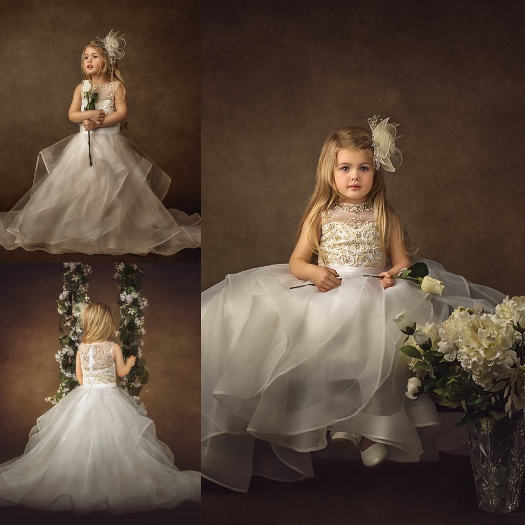 

Flower Girls Dresses Jewel Neck Sleeveless Beads Appliques Ruffles Tulle Pageant Dresses Floor Length Girls Party Gowns, Ivory