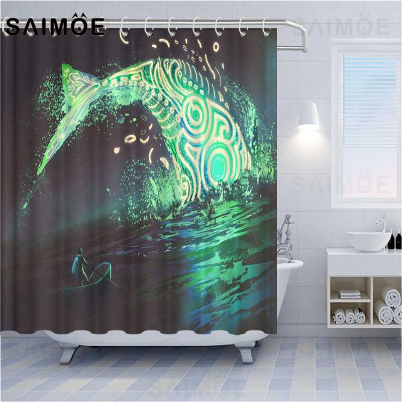 

ATOMAX Fantasy Shower Curtains Green whale Floating island Road to heaven Huge Animal Home Bathroom Shower Curtain Waterproof