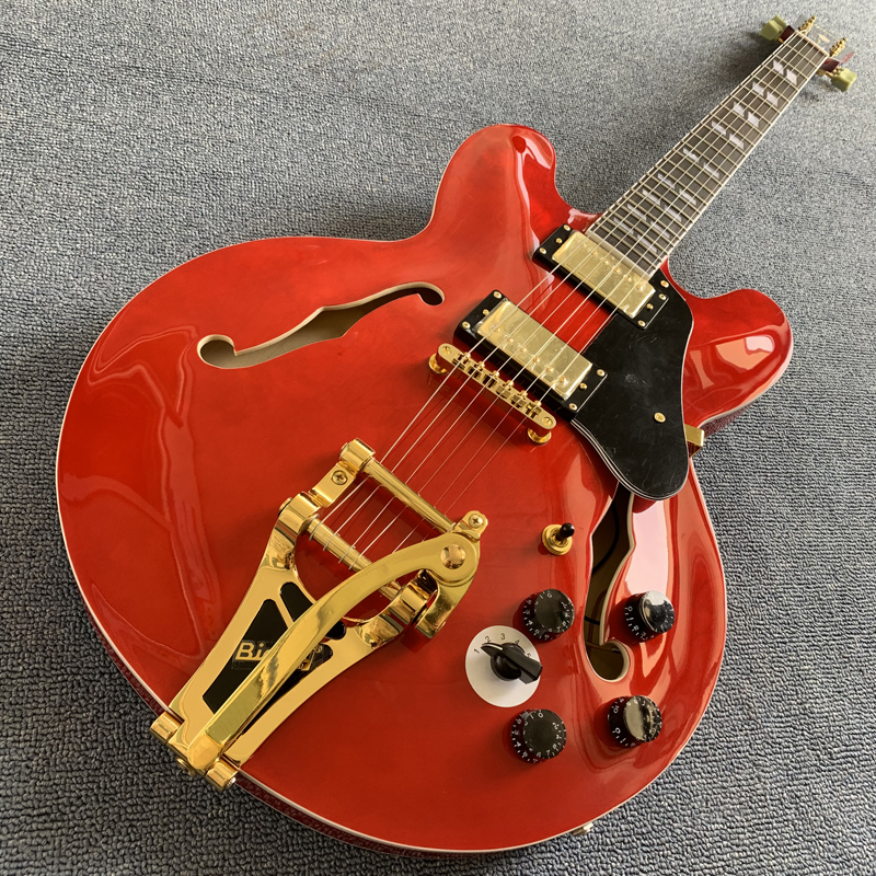 

Custom 335 Transparent red Semi Hollow Jazz Electric Guitar Tremolo system gold Black Pickguard Rosewood Fingerboard 190318