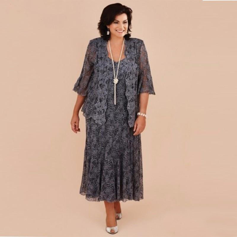

Plus Size Gray Lace Tea Length Mother of the Bride Dresses With Jacket Bride Mother Wedding Party Dress Formal vestido de renda