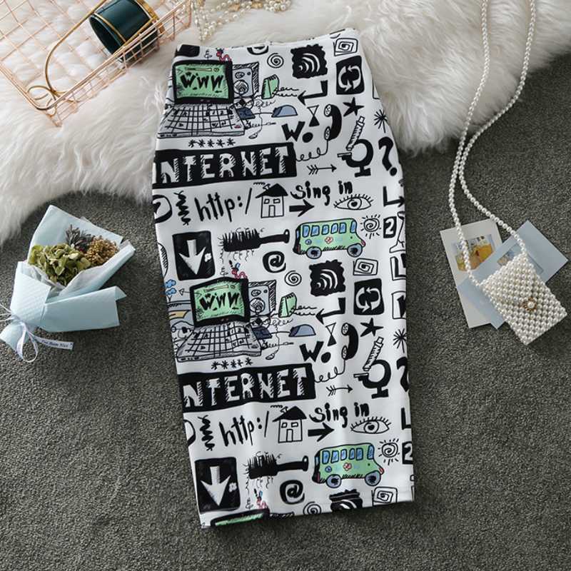 

Women's Pencil Skirt Summer Graffiti 2020 Abstract Symbol Print High Waist Slim Skirts Step Slip Plus Size Female Skirt Falda, White