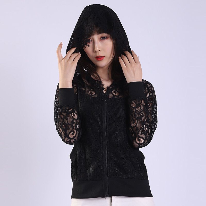 

Spring / Summer 2020 Explosion European Lace Jacket Women' Hooded Thin Slim Fashion Short Jacket Sun Protection Clothing, Black