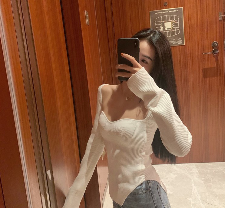 

Sexy Women Knit Sweater Side Split Curve Bottoming Top Long Sleeve Knitwear Pullover Clothing Wild Stylish, White