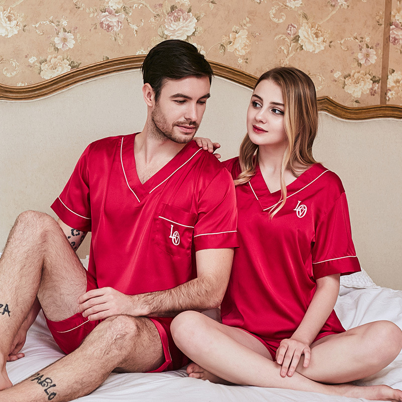 

FZSLCYIYI Couples Lovers Pajamas Sets Women Short-sleeve Summer Pyjama Men Faux Silk Couple Pijama Set Sleepwear Top+ Shorts