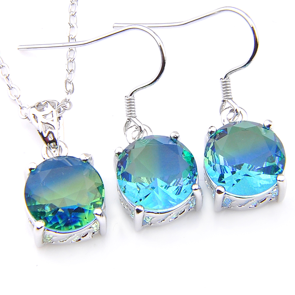 

Luckyshine 2 Pcs/Lot Charm Women Jewelry Set Round Bi Colored Tourmaline Gems 925 Silver Plated Pendants Necklaces for Holiday Party Gift, Light green