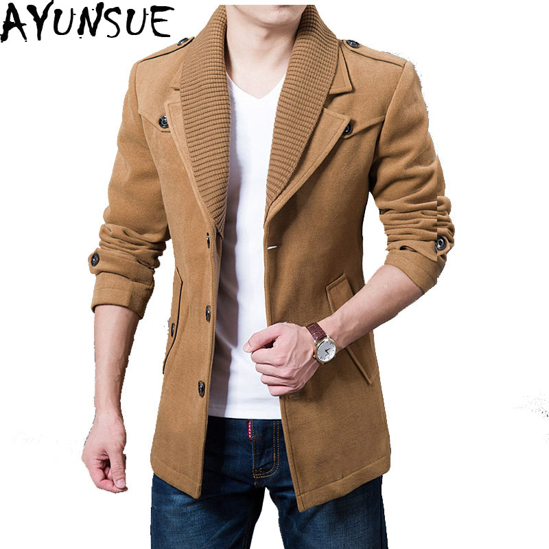 

AYUNSUE New 2019 Antunm Winter Fashion Woolen Coats Men Long Slim Jackets Male Overcoat Knitting Collar Plus Size 3XL LX795, Black