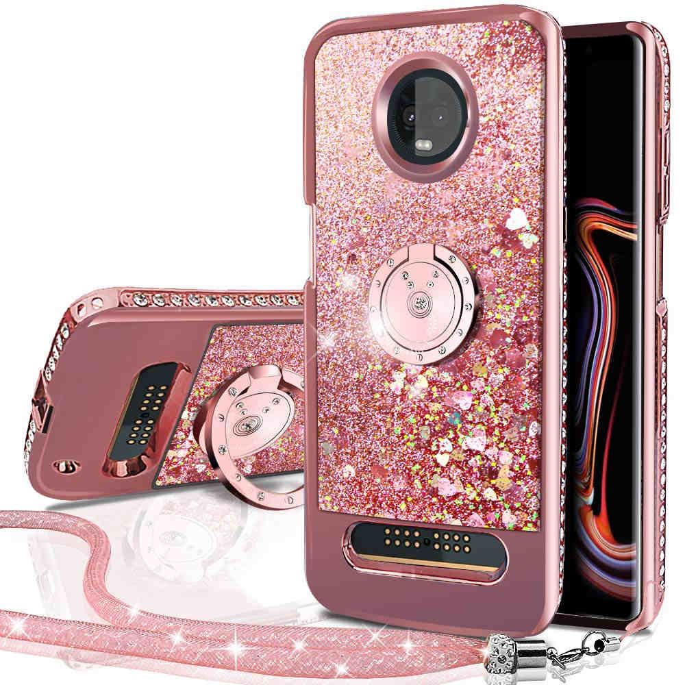 

Moto Z3 Play Case,Moto Z Play Case,Bling Diamond Rhinestone Moving Liquid Holographic Sparkle Glitter Case with Kickstand Case for Girls