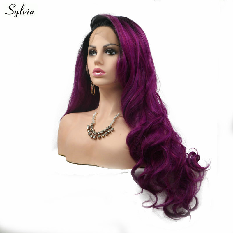 Black Roots To Dark Purple Synthetic Wigs For Women Soft Long Hair Body Wave Flawless Replacement Party Holiday Hairstyle Lacefronts Ladies Wig From