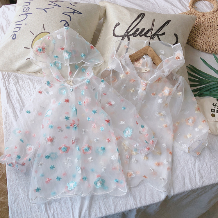 

2020 Girl Summer Embroidery Flower Sun Protector Thin Jacket Kids Children Summer Hooded Top, Beige