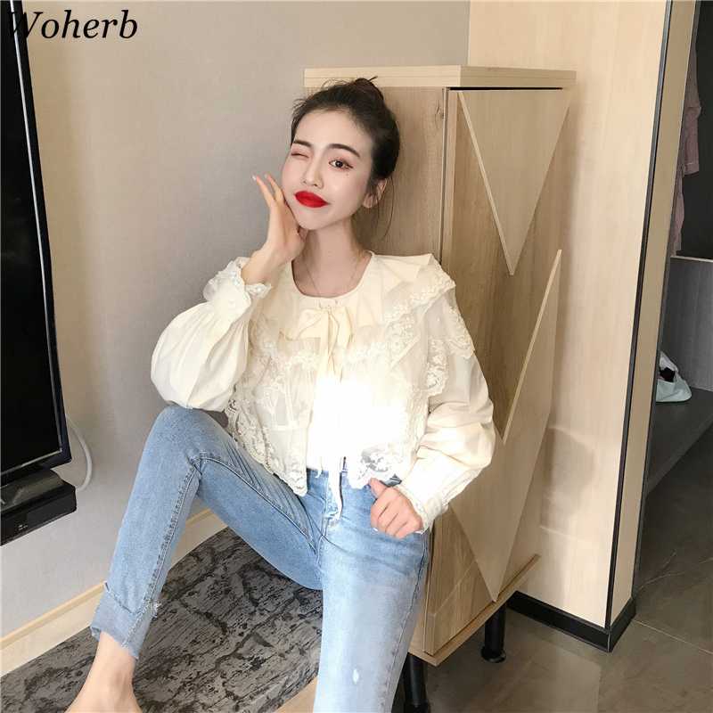 

Woherb Spring Summer Blouse Korean Fashion Women Tops Long-sleeved Loose Lace Ruffle Shirt 2020 Sweet Casual Blusas Streetwear, Apricot