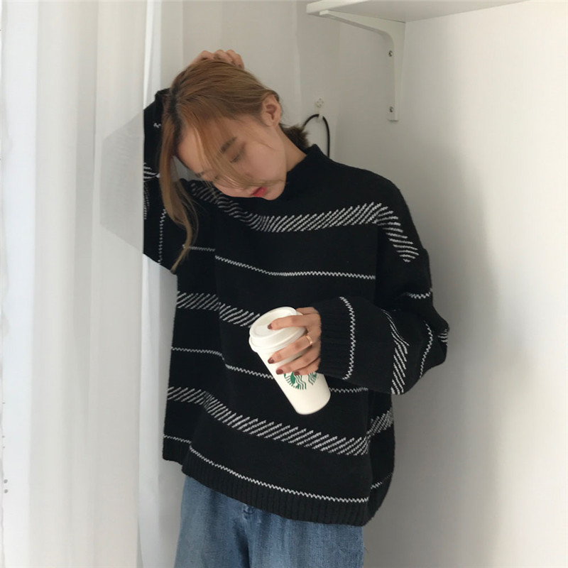 

Winter and autumn Korean version of the loose solid color long-sleeved warm sweater high collar striped sweater shirt women, Black
