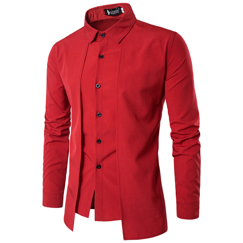 

Spring Mens Fake 2Pcs Shirts Luxury Mens Turn Down Collar Shirts Fashion Designer Long Sleeve Mens Clothing, Red