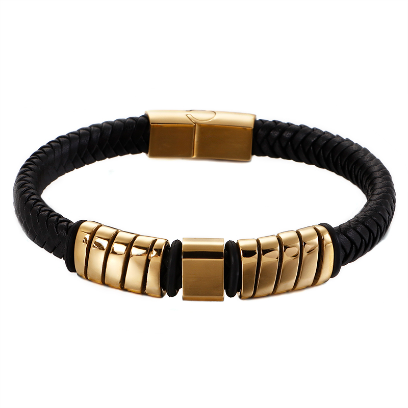 

21cm Fashion Woven Leather Bracelet Men Gold / Silver Stainless Steel Charm Vintage Rope Bangle Male Jewelry Accessories