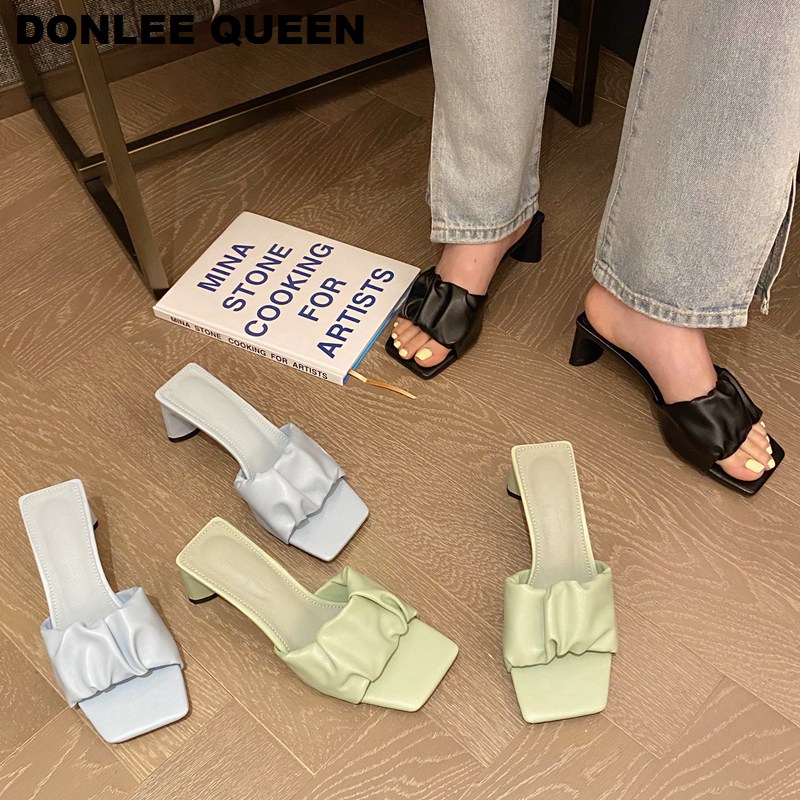 

Fashion Med Heels Slippers Slides Women Summer Sandals Slip On Outdoor Slipper Elegant Pleated Shoes Women Slippers Mujer, Black