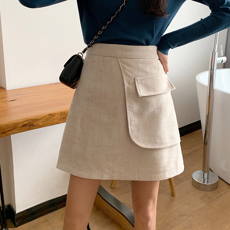 

Corduroy Skirts Women Casual Big Pocket Vintage Pencil Skirt Zipper Warm Autumn Winter Mini Skirt High Waist Slim Warp Club W096, Coffee