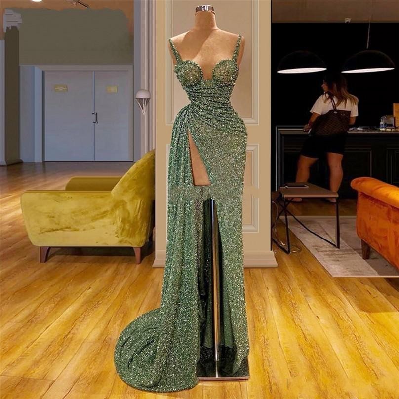 

2020 Glitter Green Sequins Mermaid Prom Dresses Sexy African Celebrity Cocktail Party Dress Turkish Islamic Front Split Evening Gowns, Sage