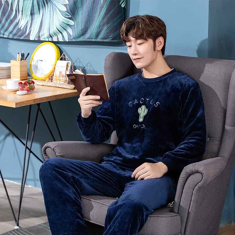 

Men's Pajamas Set Autumn Winter Warm Flannel Thicken Male Pajamas Long Sleeve Sleepwear Top +Pant Leisure Homewear Clothes 3XL, Cotton pajamas