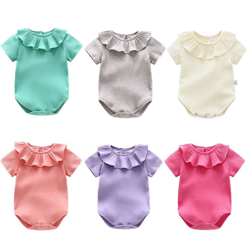 

Solid Color Baby Girl Rompers Online Shopping Kids Fashion Knit Onesies Ruffle Collar Cotton Short Sleeve Cute Romper 18022603, Light gray