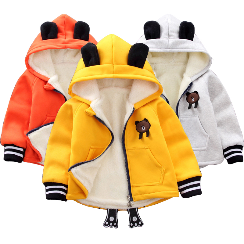 

Baby clothing winter warm jacket baby boy plus velvet cotton coat girl cartoon bear hooded sweater jacket, Gray