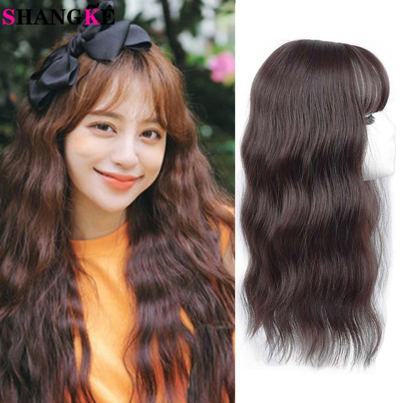 

SHANGKE New Type Women's Body Wave Synthetic Head Hair Block Wigs With Bangs Black Brown Closure Heat Resistant Fake Hair, Light brown-35cm