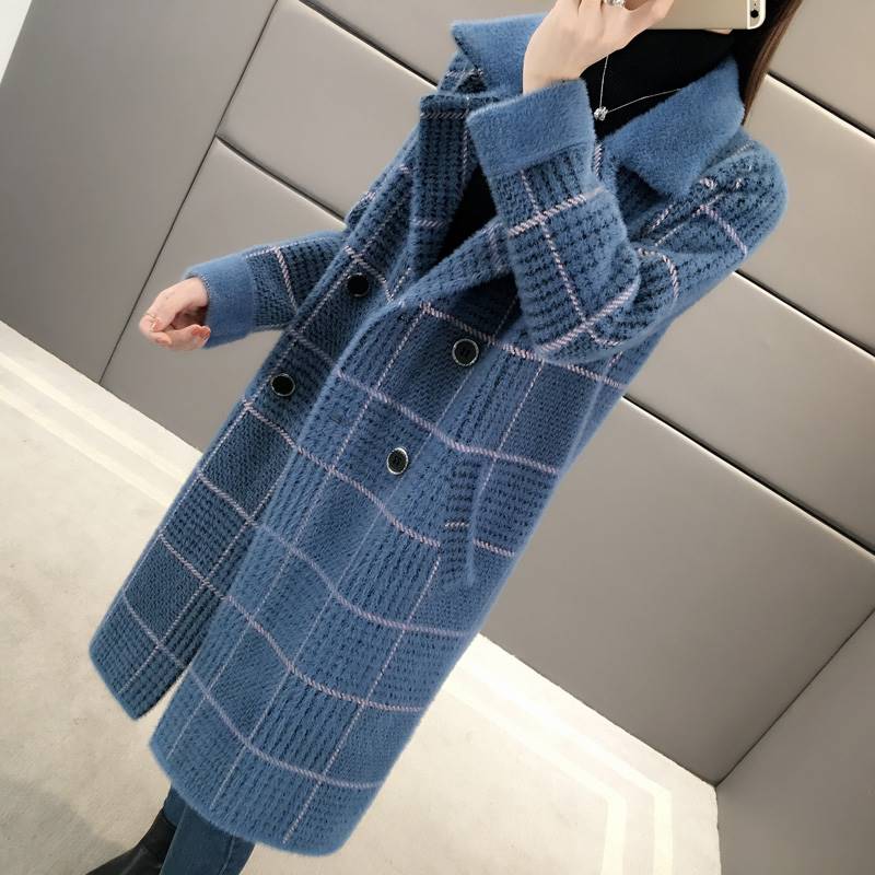 

Imitation Water-coat Mid Long Cardigans Abrigos Mujer Invierno 2020 Spring Female Loose Casual Thick Plaid Jacket Autumn Winter, Blue