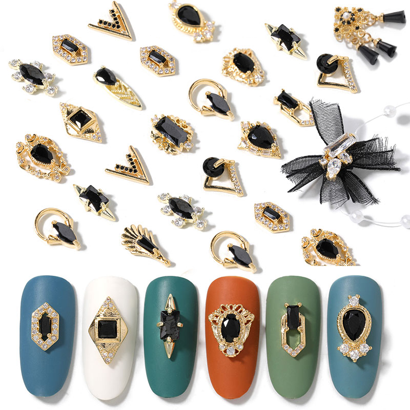 

2 Pcs/Pack Gold Metal Nail Decoration Black Bows Nail Rhinestone 3D Art Decoration Mixed Size Art Design Decors