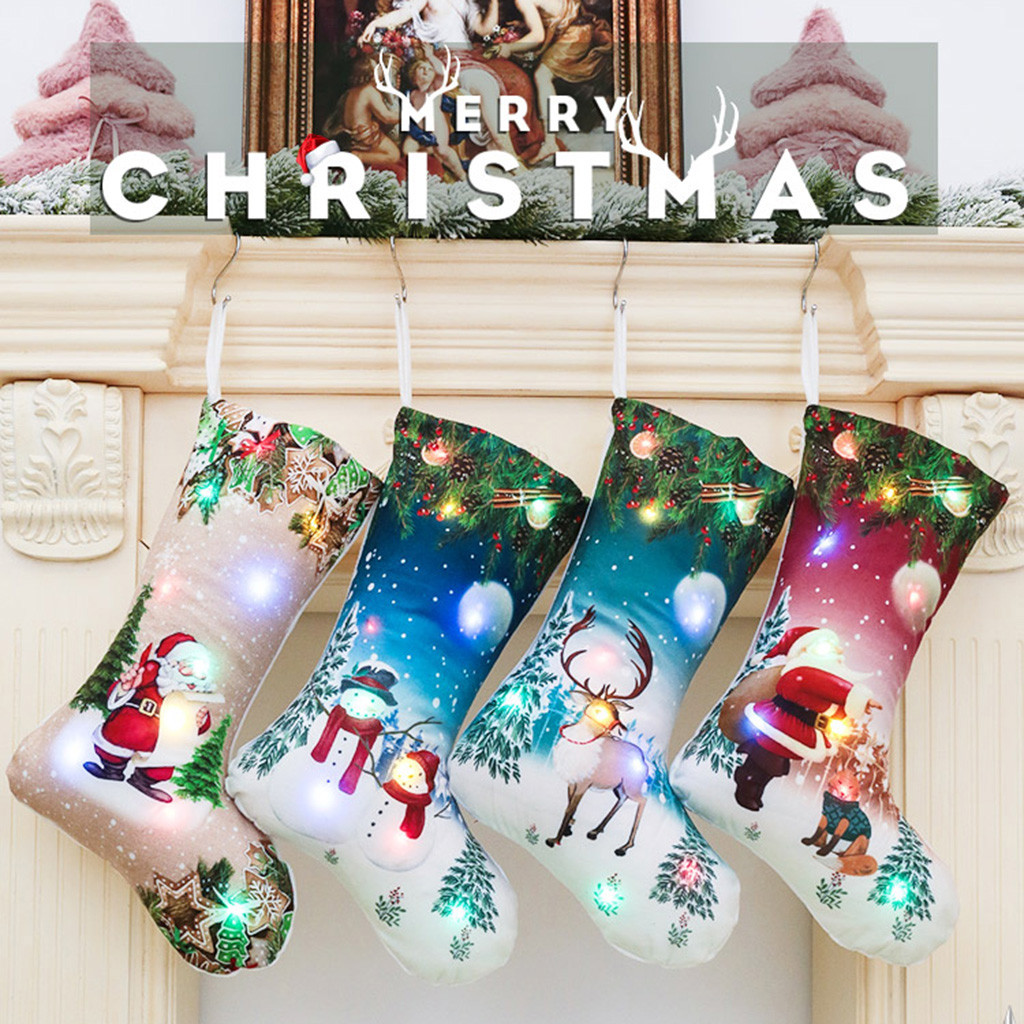 

1pc Merry Christmas LED Hanging Gift Bag Candy Large glow Socks Decoration Tree Hanging Ornaments Santa Claus Snowman Print F104