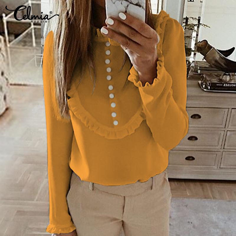 

Women's Ruffles Blouses Celmia 2020 New Fashion Tops Long Sleeve Casual Solid Bottons Work Shirts Vintage Loose Blusas Plus Size, Yellow