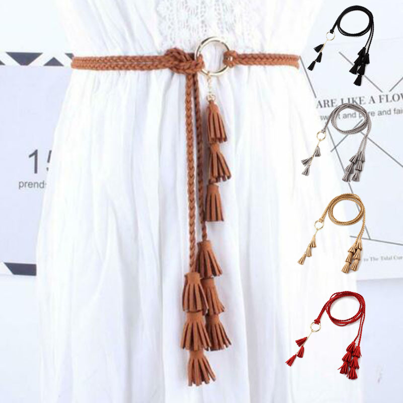 Women Girls Fashion Belts Tassel Ladies Braided Self-Tie Thin Waist Rope Belts